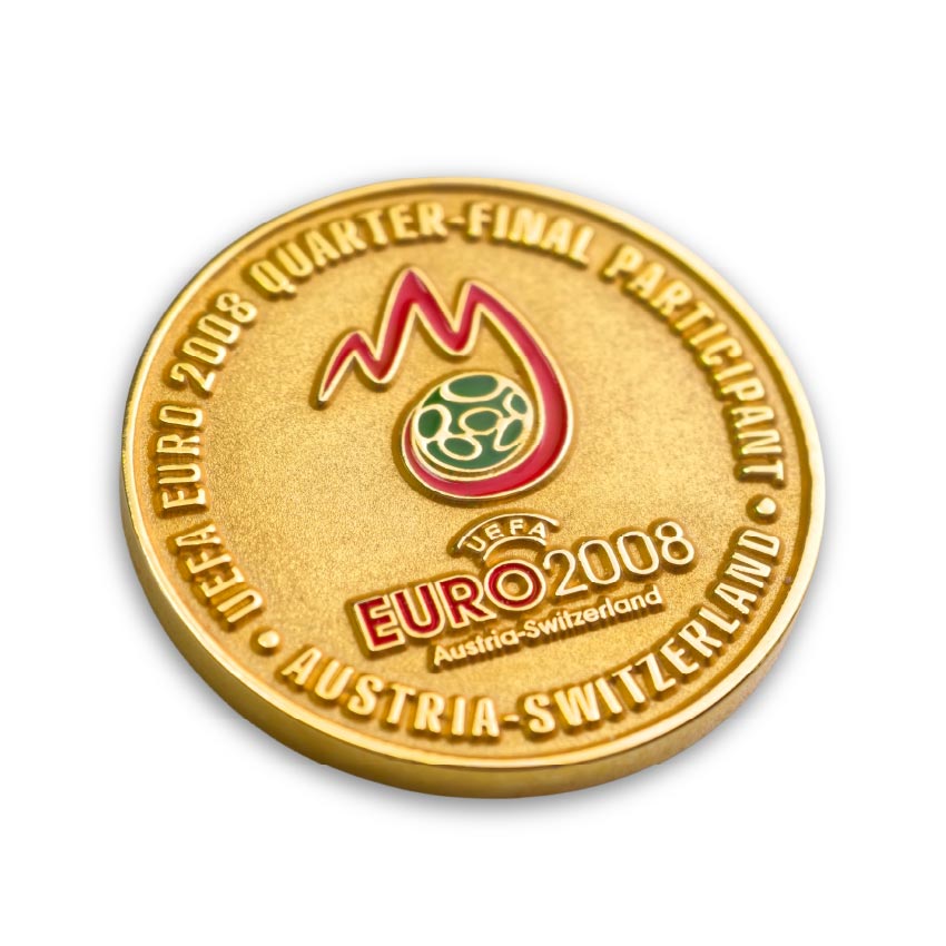 Football-Souvenir-Coin-04 A gold plated Euro 2008 commemorative coin with soft enamel and a sandblasted background