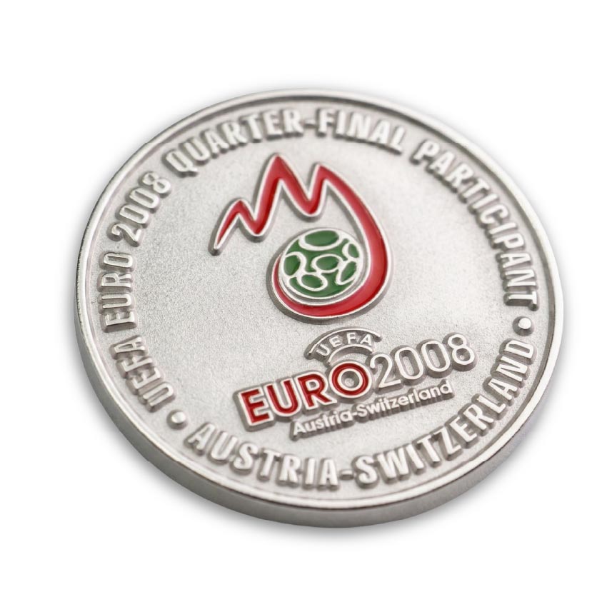 Football-Souvenir-Coin-08 A bright silver plated souvenir coin for the Euro 2008 football championship with red enamel
