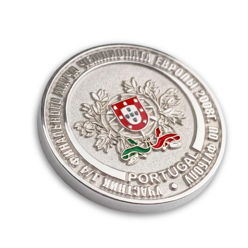 Football-Souvenir-Coin-12 A custom football souvenir coin with bright silver plating and soft enamel color filling for the Portugal crest
