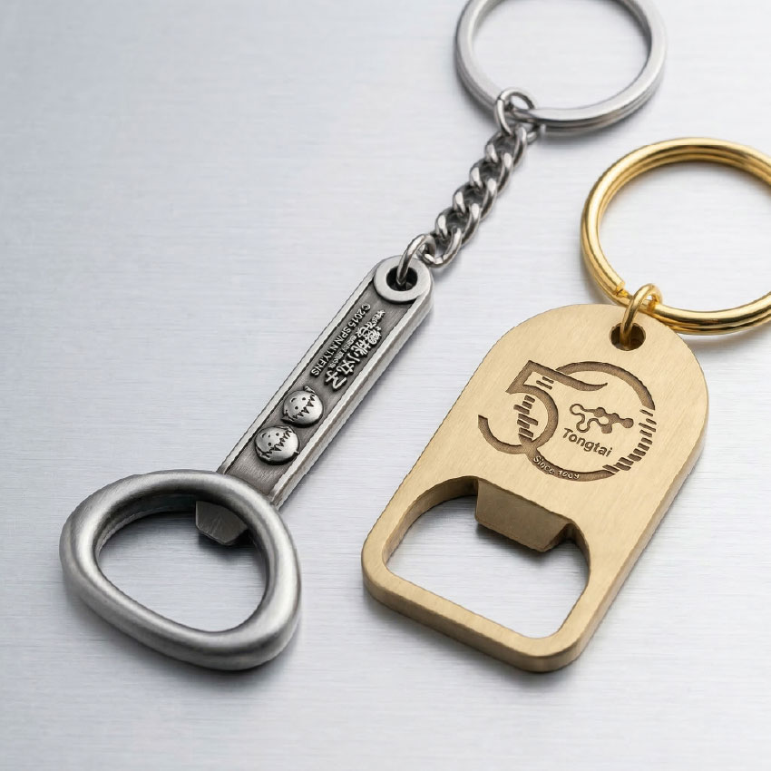 Macro close-up of a zinc alloy metal bottle opener keychain Macro close-up of a zinc alloy metal bottle opener keychain highlighting its solid 3D texture and finish