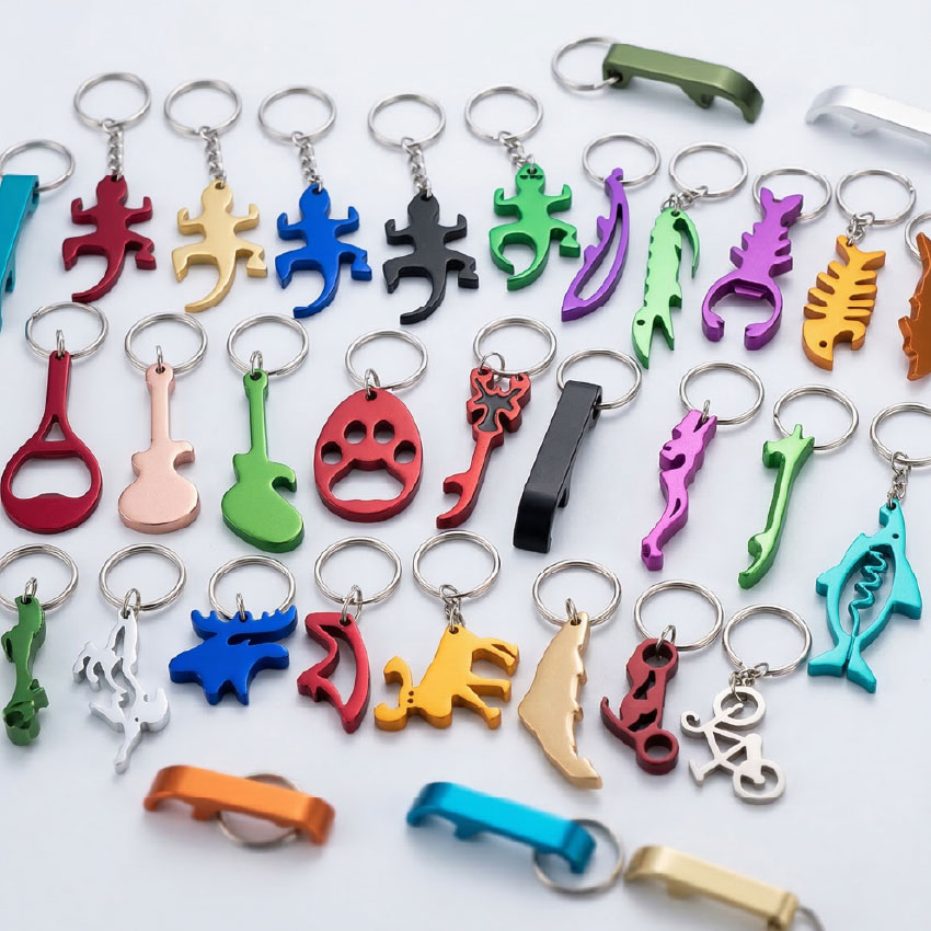 Variety of colorful aluminum metal bottle opener keychains in different shapes Variety of colorful aluminum metal bottle opener keychains in different shapes with detailed material close-up