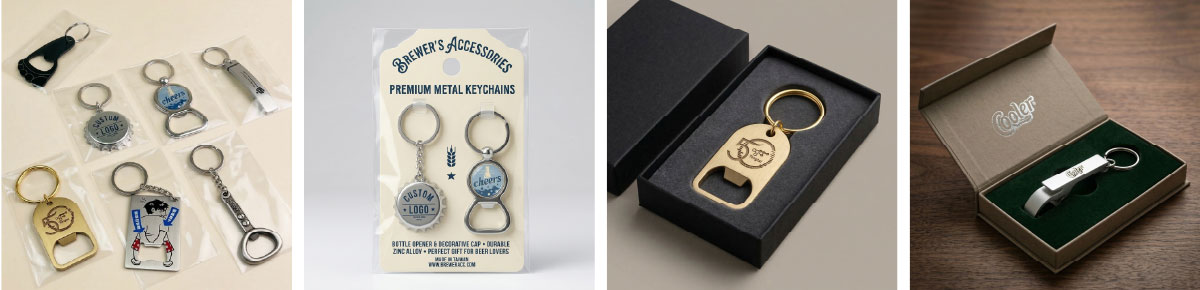 Packaging options for metal bottle opener keychain including individual OPP bags and premium customized gift boxes Packaging options for metal bottle opener keychain including individual OPP bags and premium customized gift boxes