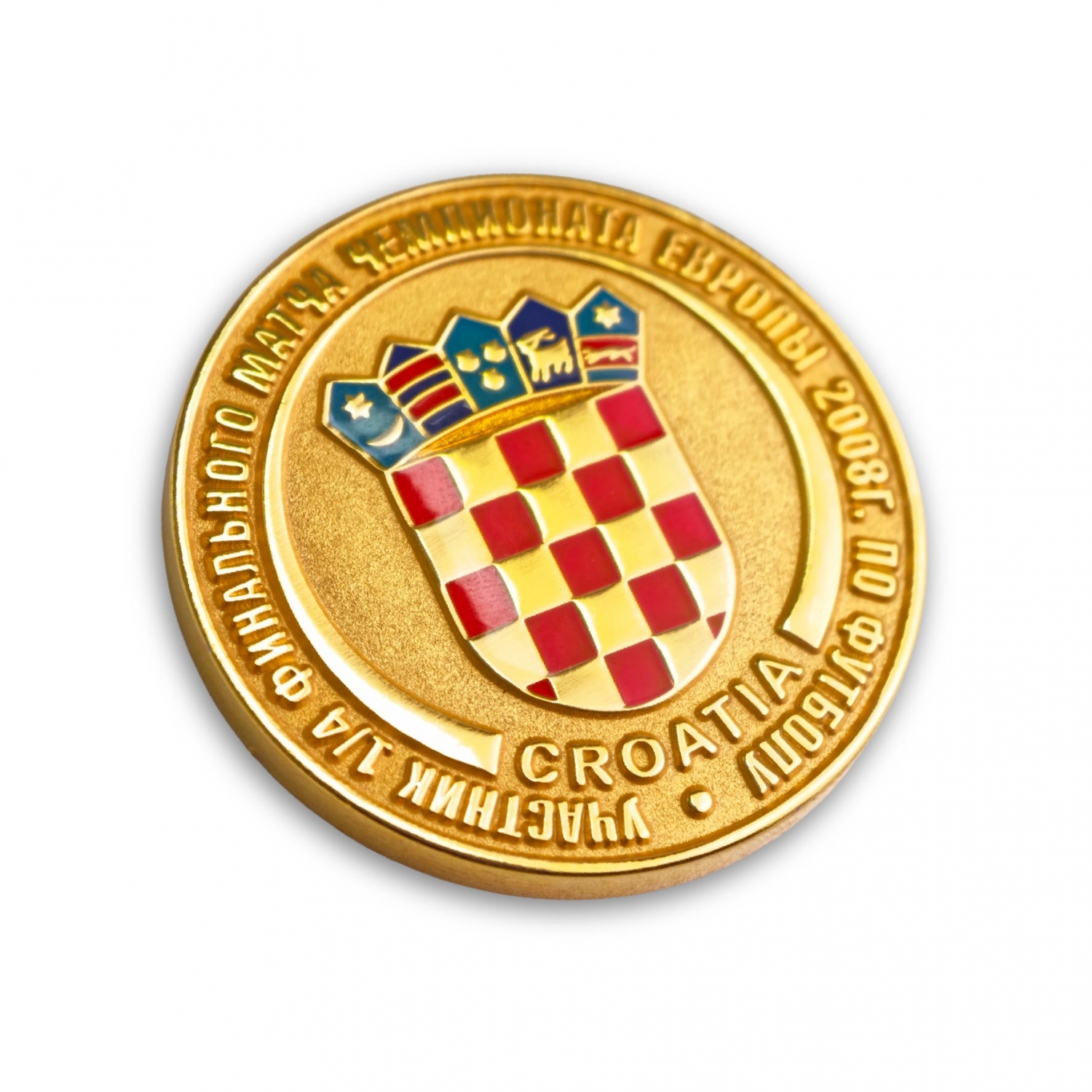 Football-Souvenir-Coin-02 A gold plated football souvenir coin featuring the red and white checkered Croatia crest