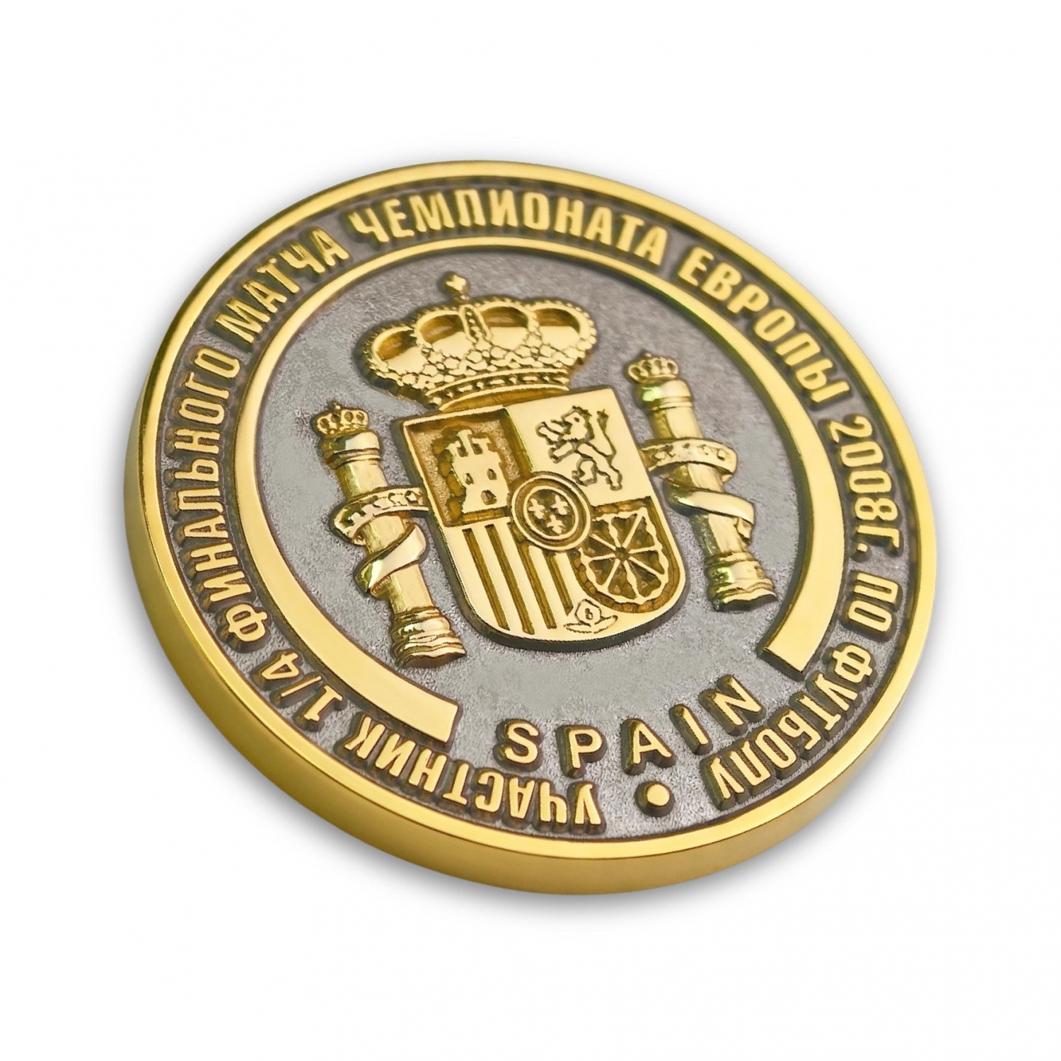 Football-Souvenir-Coin-03 A custom gold plated football souvenir coin with detailed engraving of the Spain national crest