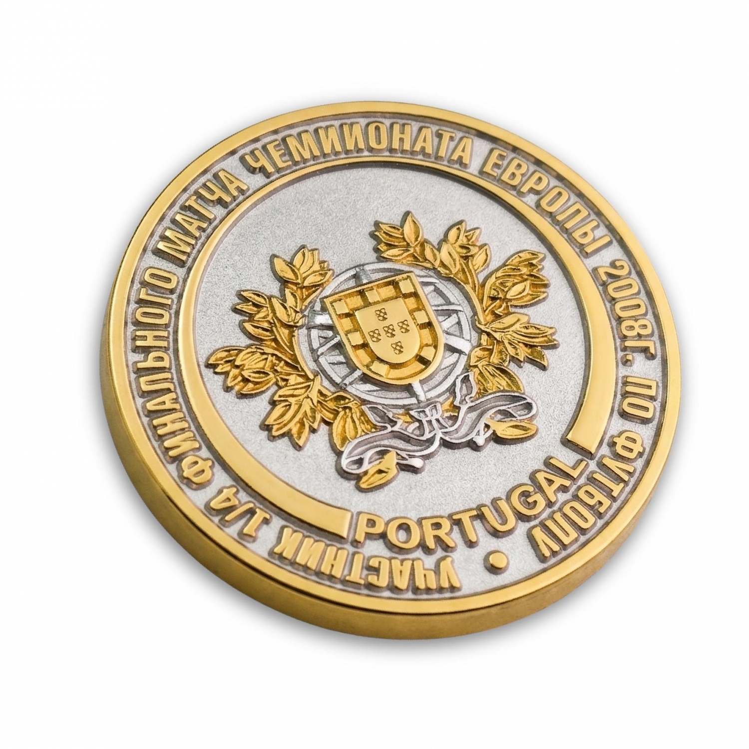 Football-Souvenir-Coin-10 A creative football souvenir coin using dual-tone gold and silver plating to enhance the Portugal crest design