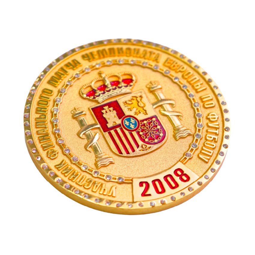 Football-Souvenir-coin-17 A custom gold plated football souvenir coin with the Spain national crest and red enamel