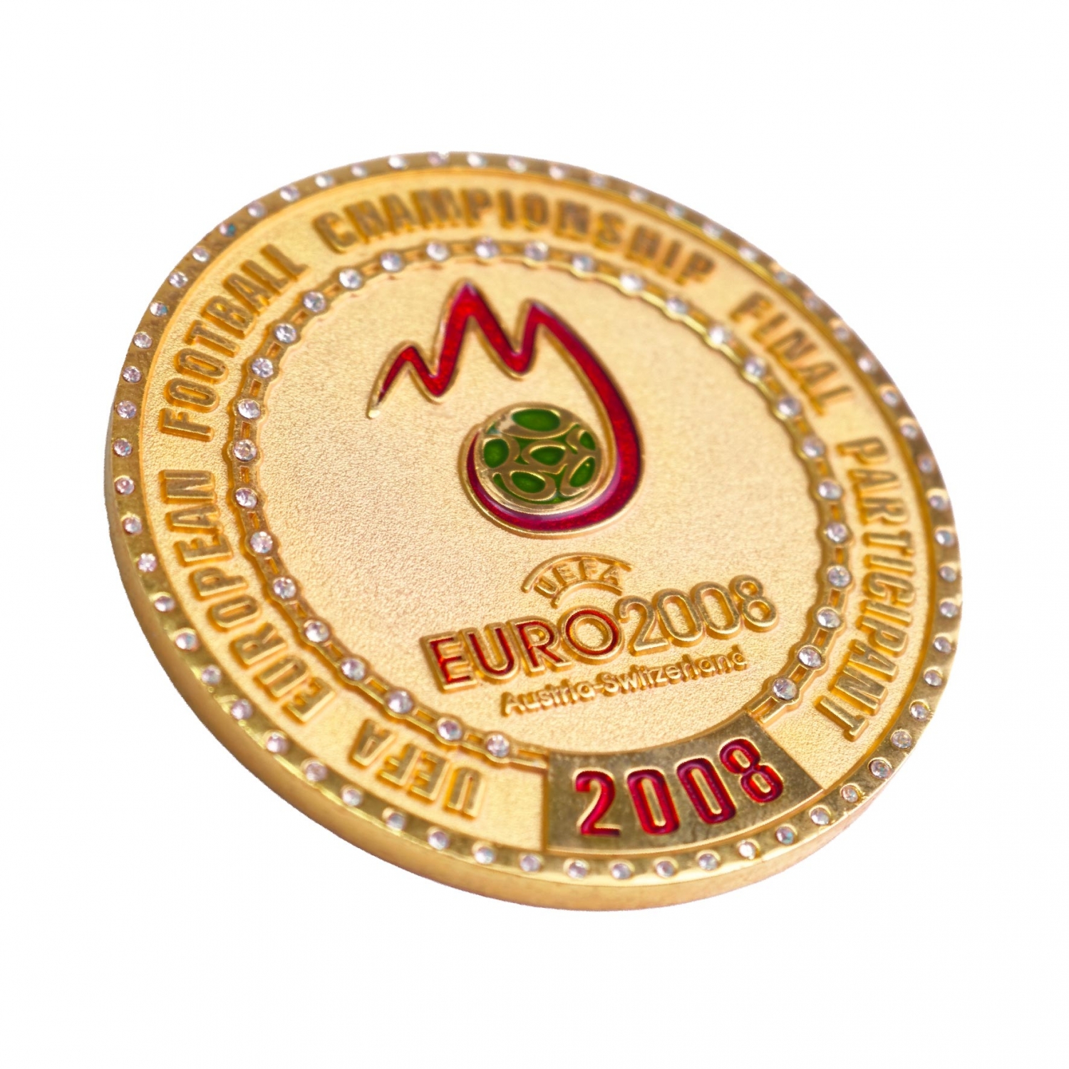 Football-Souvenir-coin-18 A gold plated football souvenir coin featuring the official Euro 2008 Austria-Switzerland logo