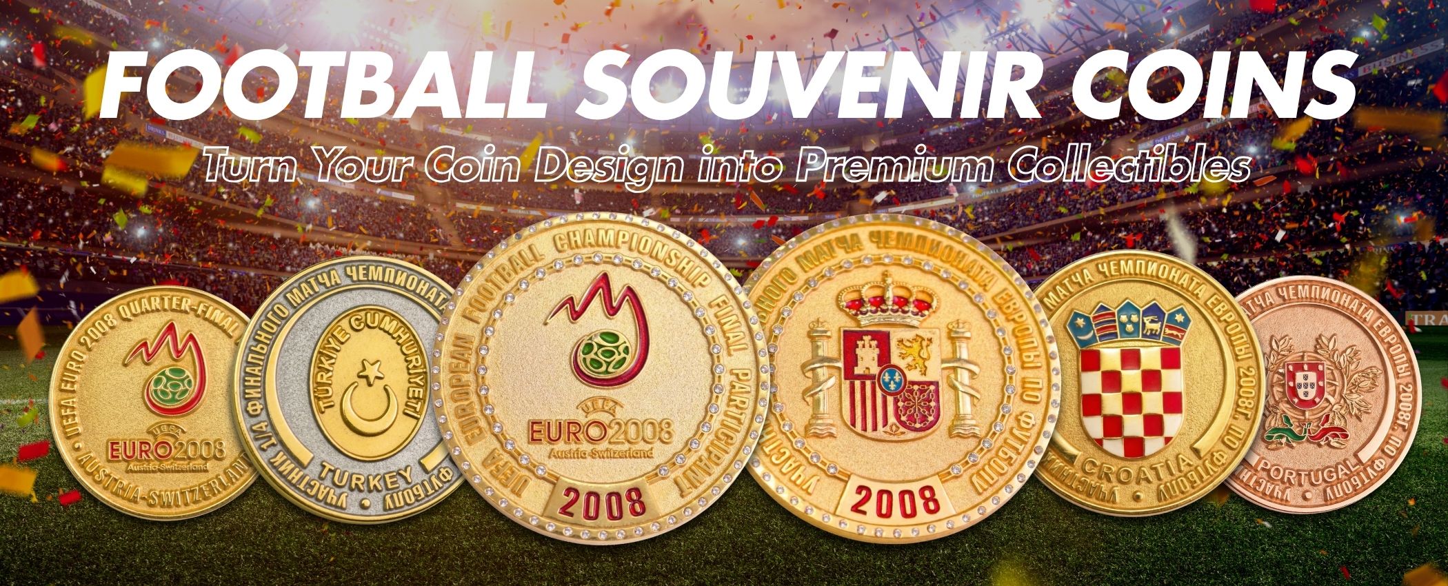 football-souvenir-coin-banner A professional marketing banner for custom football souvenir coins with a stadium background