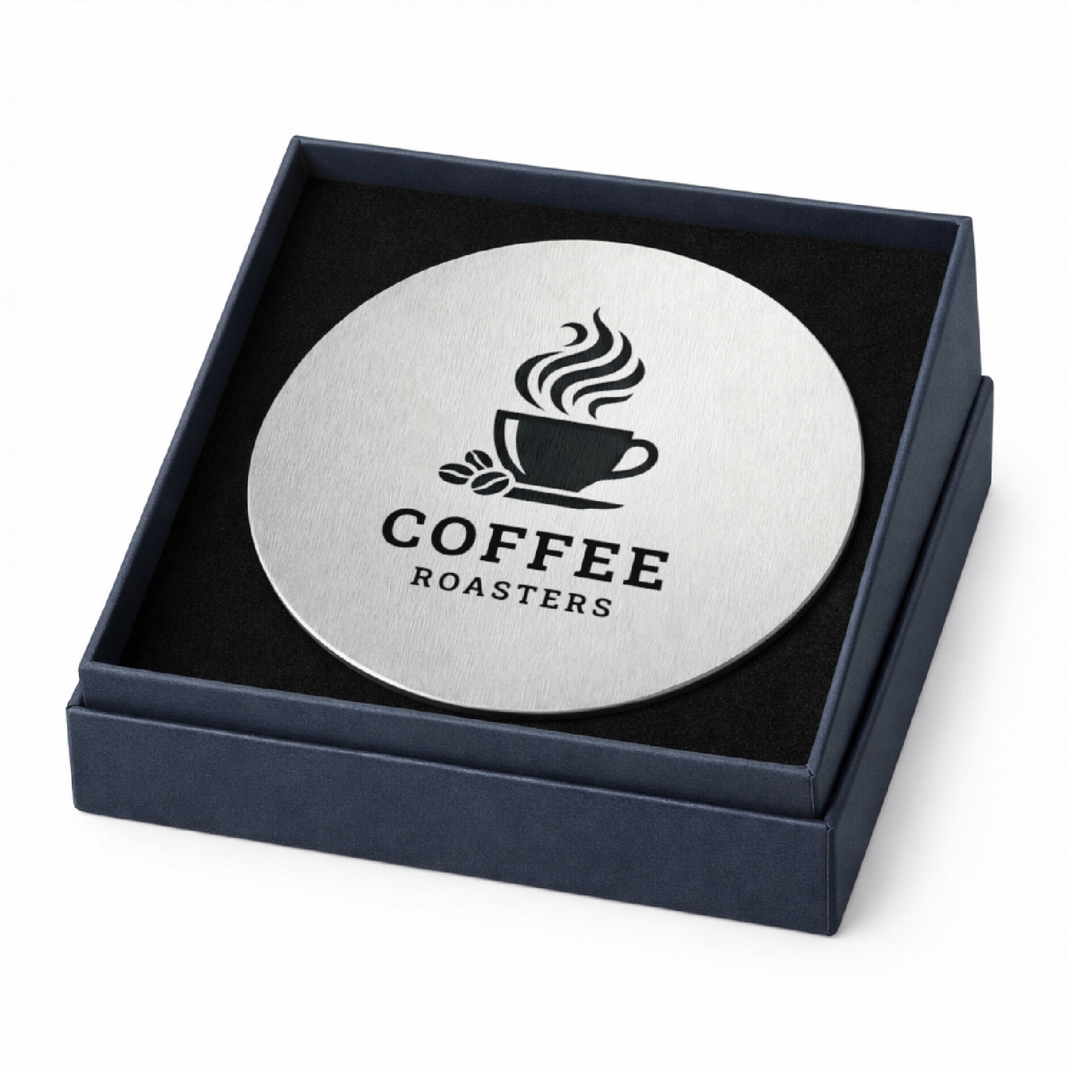 metal-coaster-01 round metal drink coaster in black gift box with coffee logo