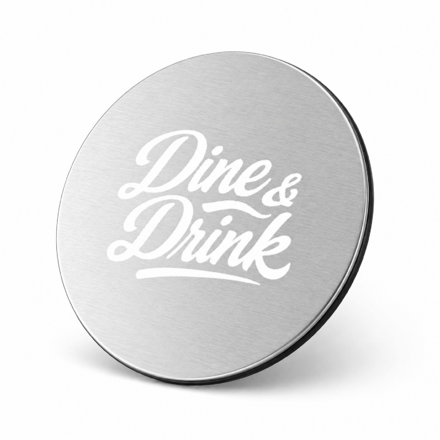 metal-drink-coasters-36 round metal drink coaster with dine and drink logo