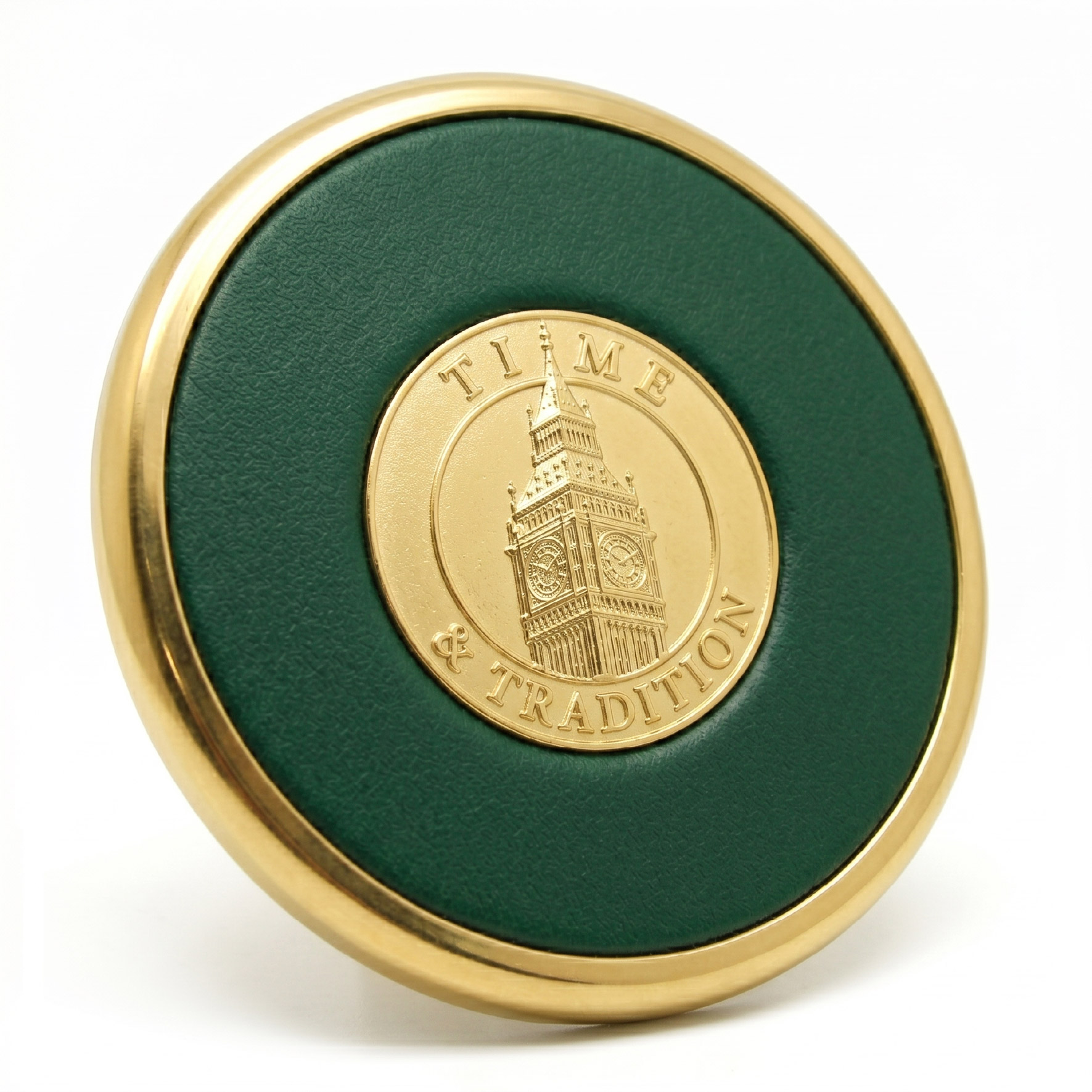 metal-drink-coasters-40 metal drink coasters with green leather surface and gold center coin design
