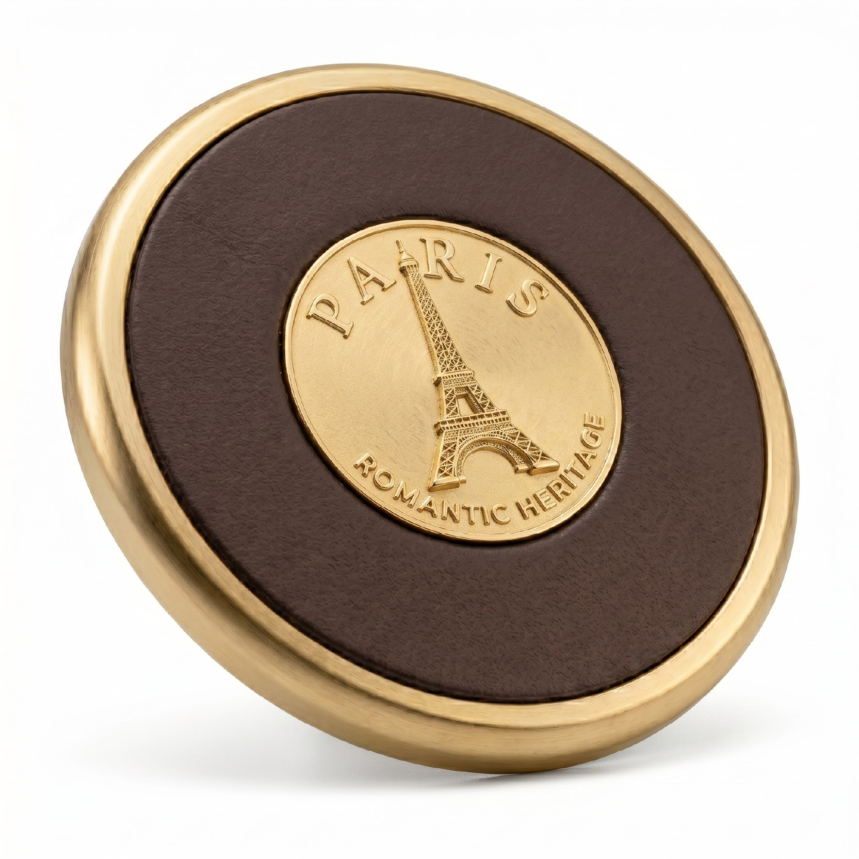 metal-drink-coasters-41 Brown and gold metal drink coaster with an Tower design.