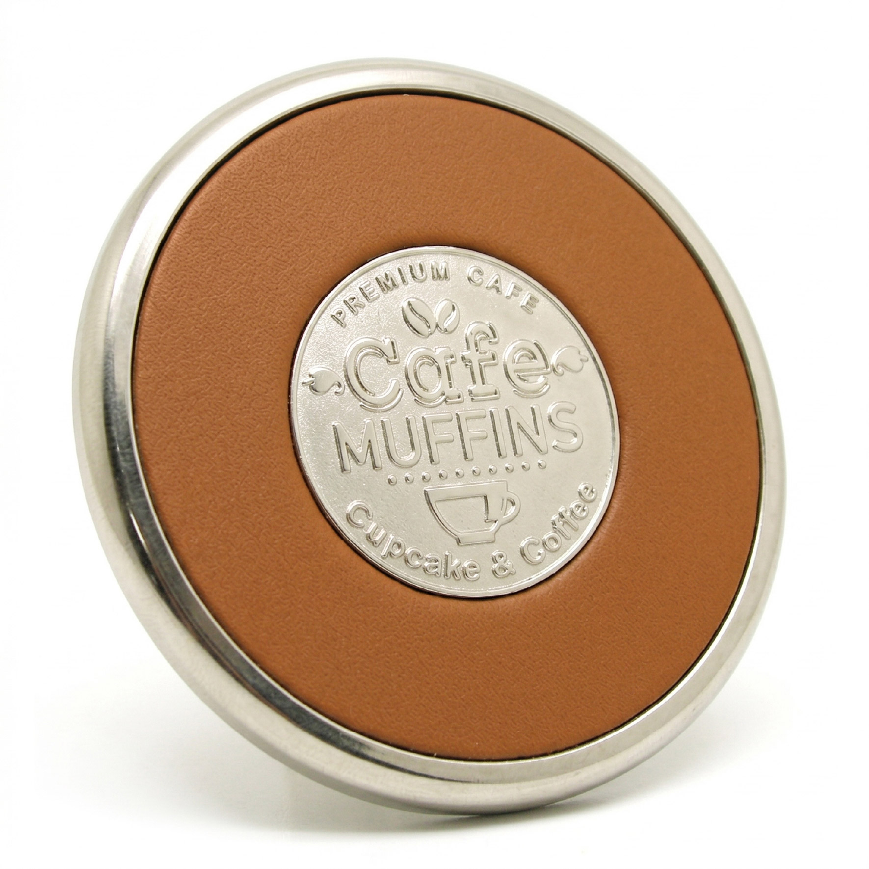 metal-drink-coasters-42 Round metal drink coasters in orange tone with custom logo engraving
