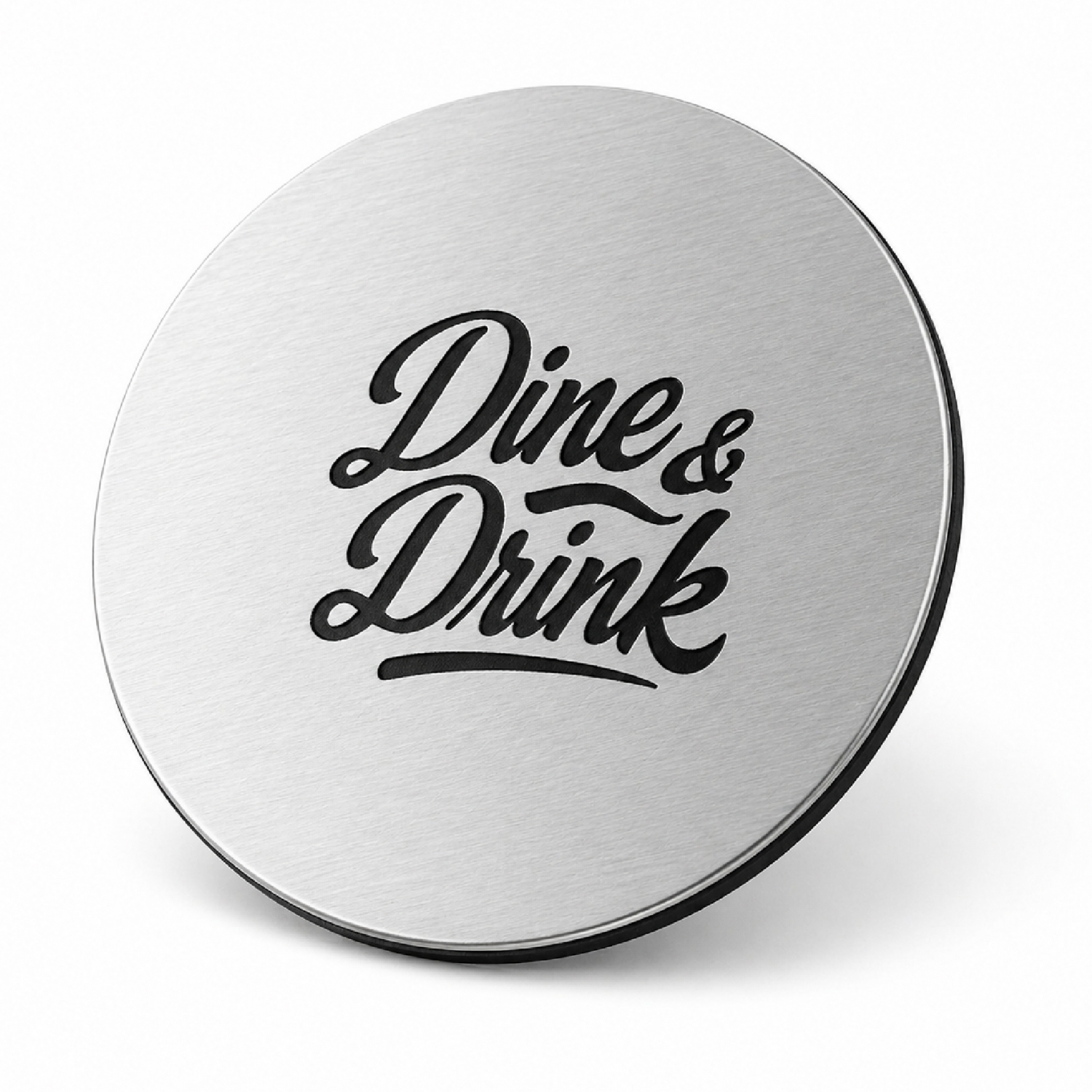 metal-drink-coasters-44 Metal drink coasters featuring dine and drink script logo design