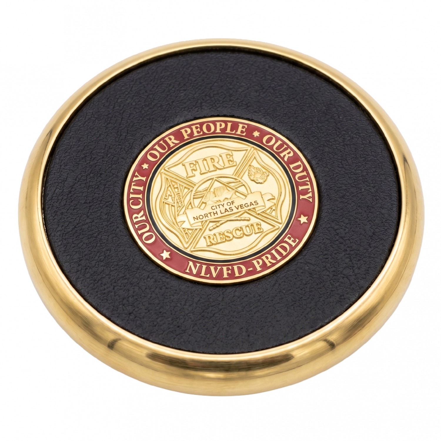 metal-drink-coasters-45 Black and gold metal drink coaster with a red and gold center