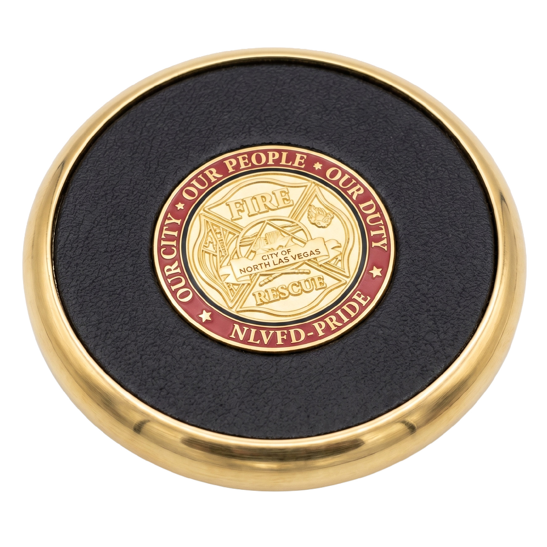 metal-drink-coasters-45 Black and gold metal drink coaster with a red and gold center