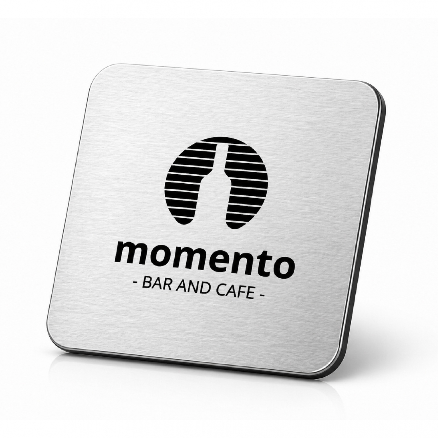 metal-drink-coasters-46 Square metal drink coasters featuring dark bottle logo