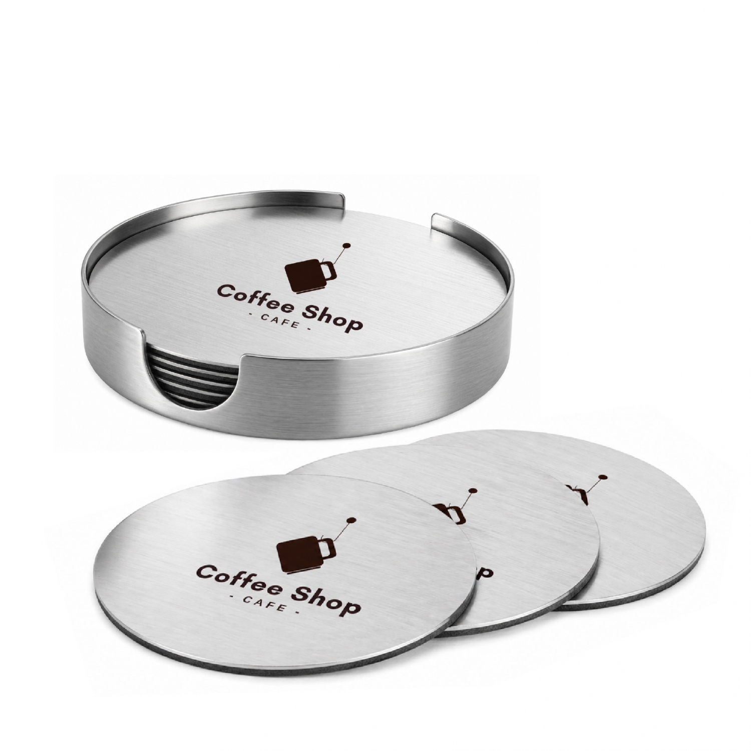 metal-drink-coasters-49 Set of round metal drink coasters with matching silver holder