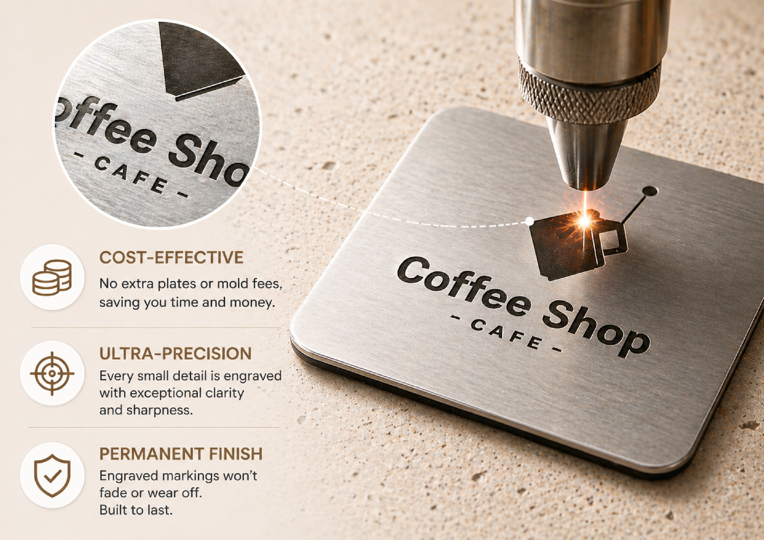 metal-drink-coasters-55 Custom metal drink coasters with laser engraving process, highlighting precision detail and permanent logo finish