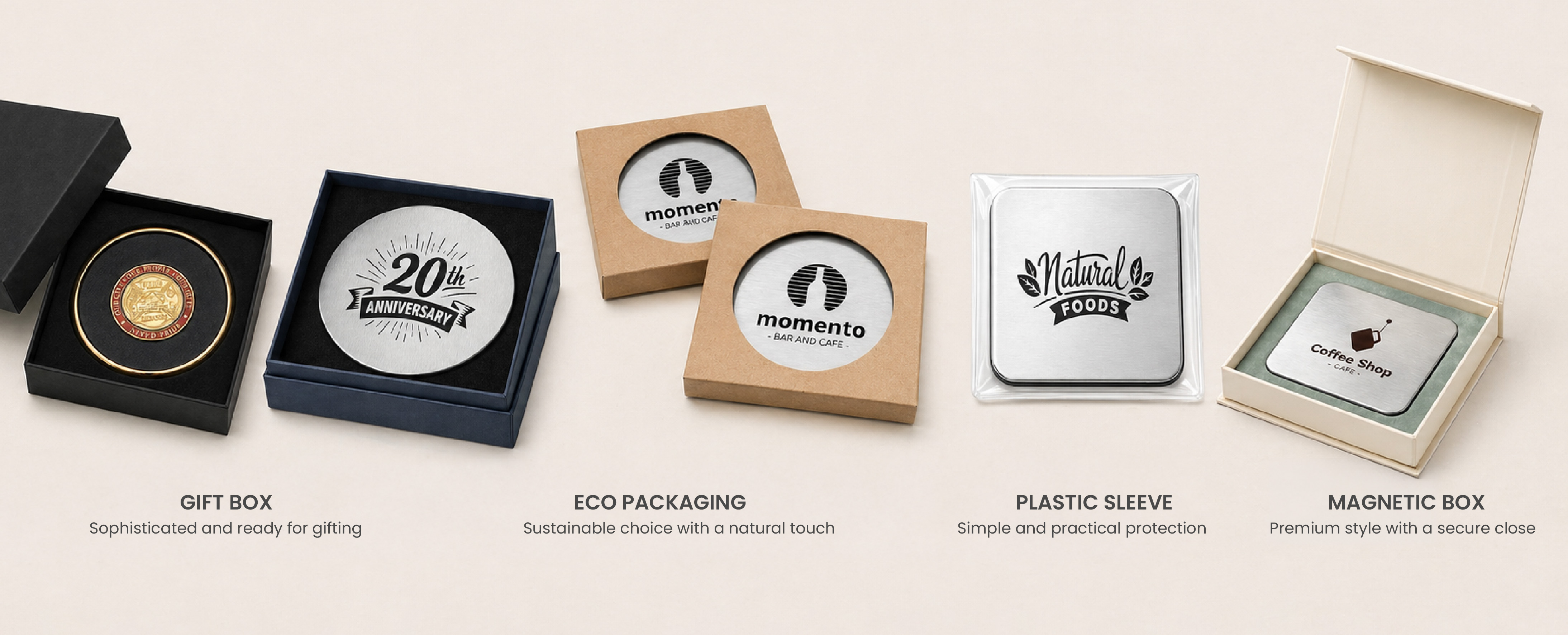 metal-drink-coasters-56 Custom metal drink coasters with logo shown in different packaging styles such as gift box, eco box, plastic sleeve, and magnetic case