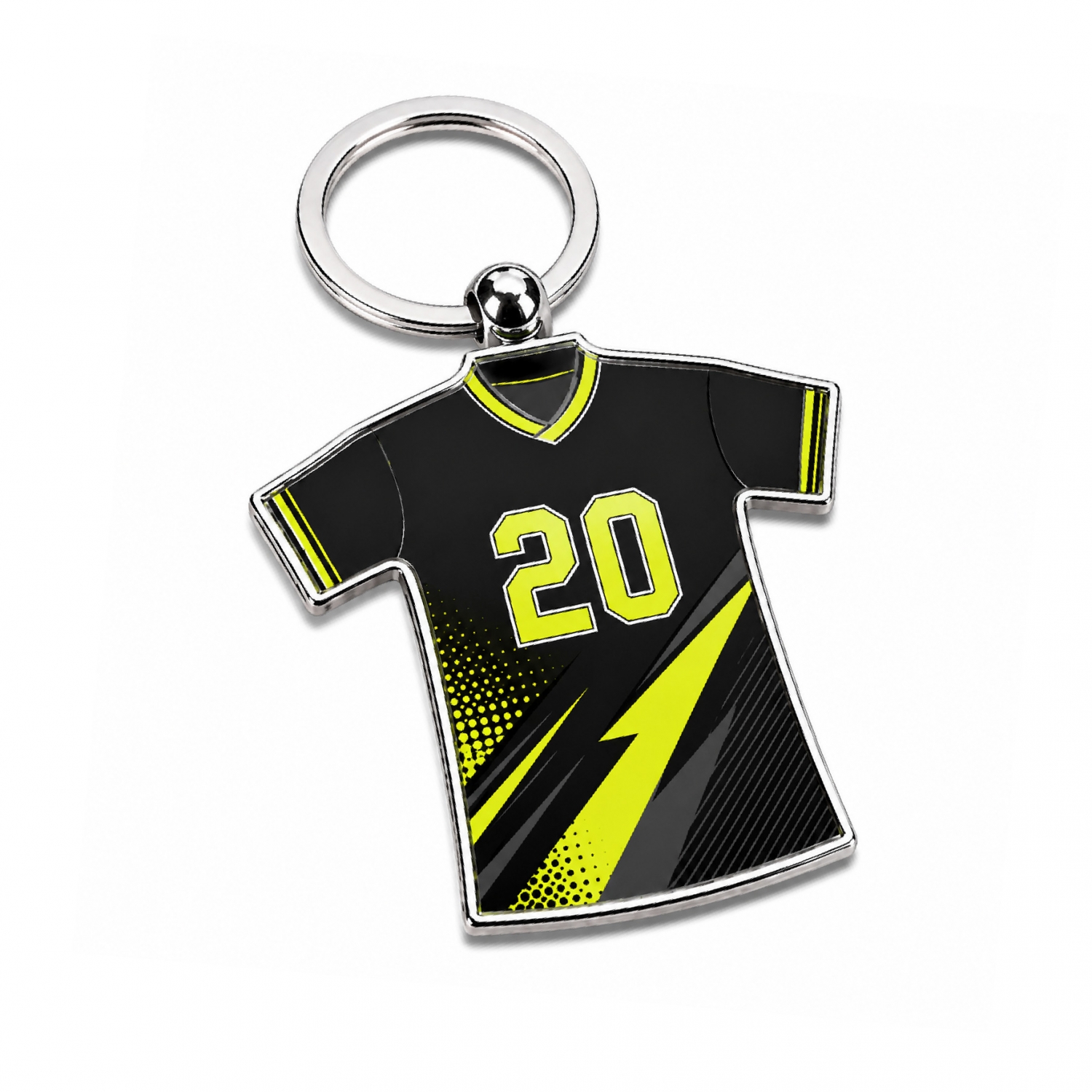 black-neon-football-jersey-keychain Yellow and green metal soccer keychain in a classic national jersey design for promotional sports gifts.
