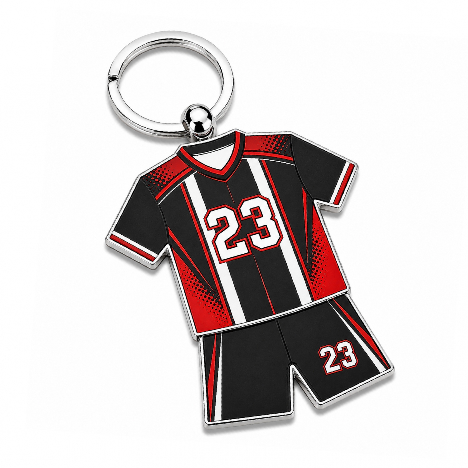 Black and red striped custom football keychains made from durable zinc alloy for school athletic programs. Black and red striped custom football keychains made from durable zinc alloy for school athletic programs