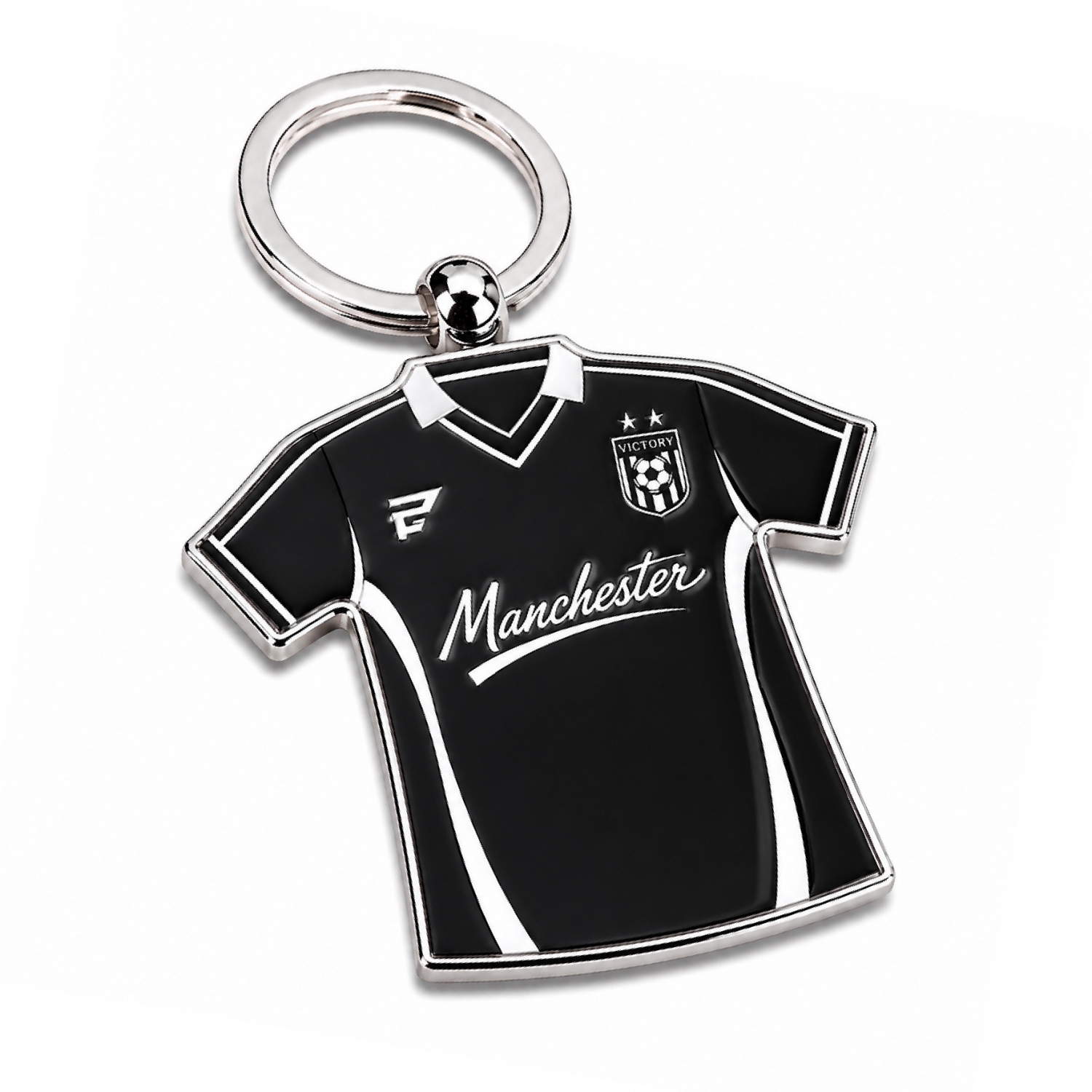 black-white-manchester-football-keychain Classic black and white football keychains featuring customized sponsor text and sharp vector jersey detail.