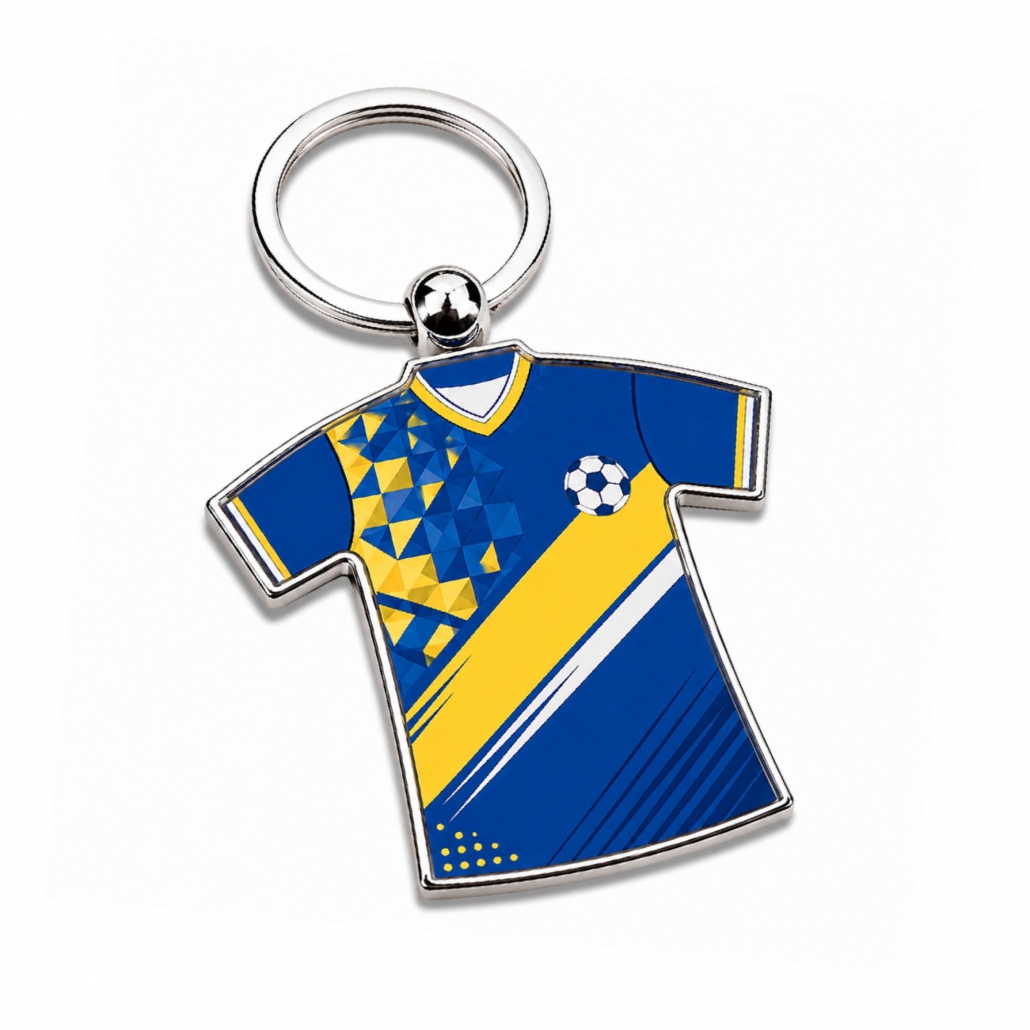 blue-yellow-soccer-keychain Custom soccer keychains with blue and yellow jersey artwork for football merch projects