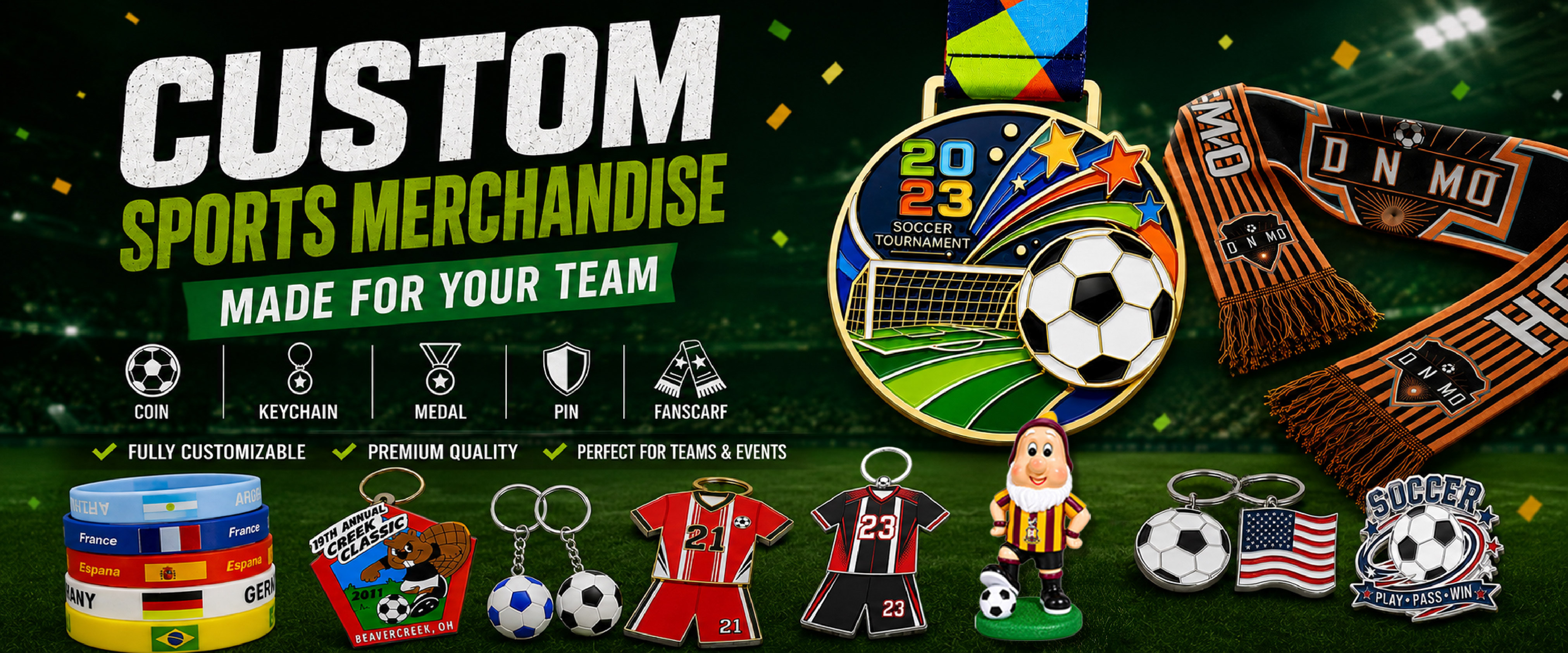 custom-sport-merch Custom sports merchandise featuring soccer medals, keychains, pins, coins, fan scarves, and team gift items
