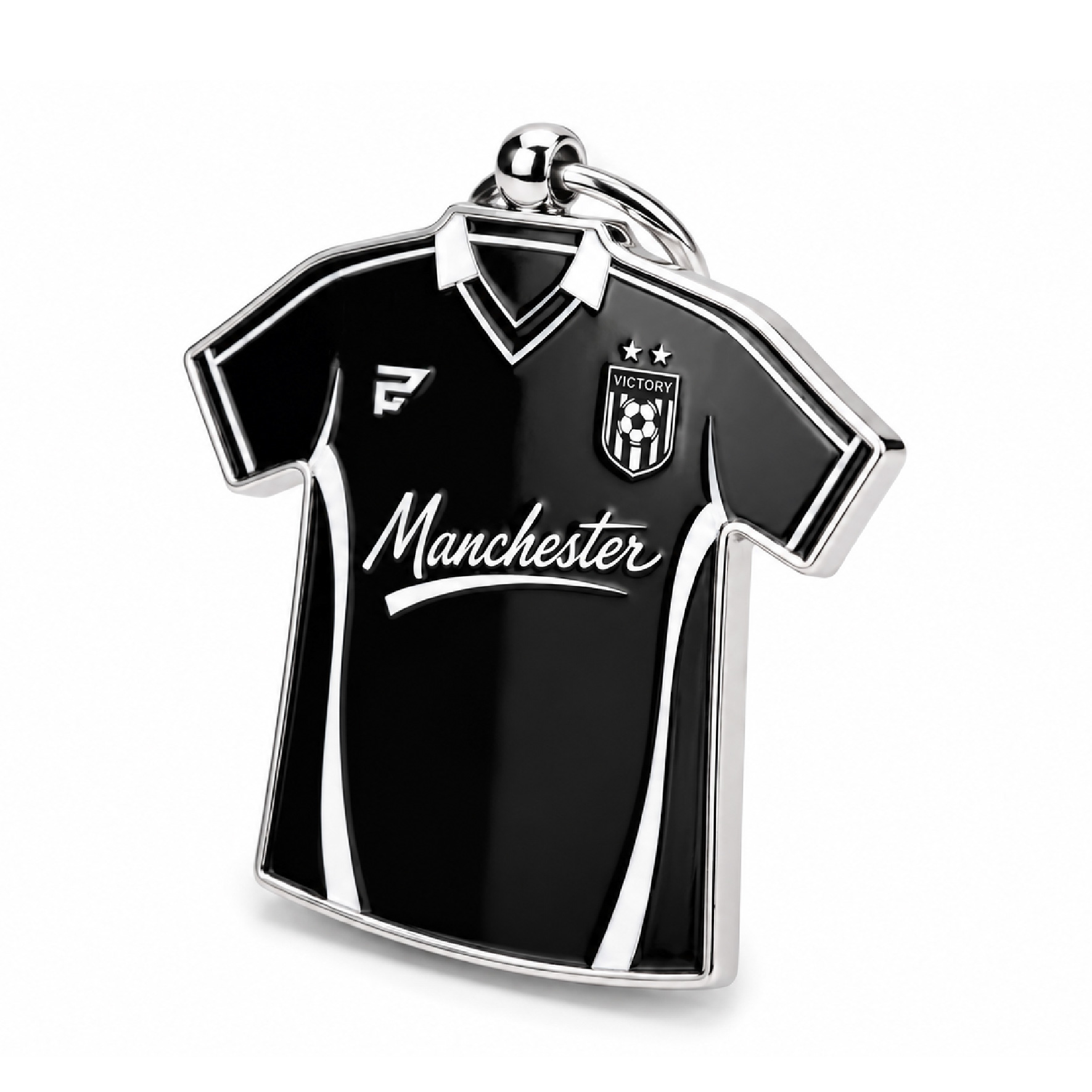 hard-enamel-uv-print-soccer-keychain Custom soccer keychain with black jersey design, hard enamel finish, UV printed details, and clear coat protection