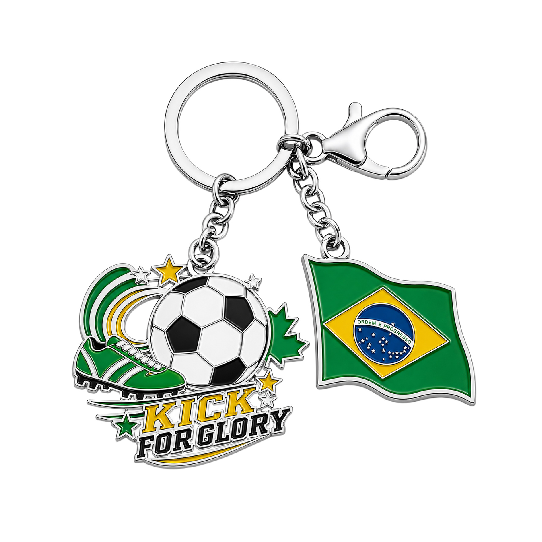 metal-football-keychains-sports-gifts Metal football keychains with soccer ball artwork, flag charm, and polished finish for sports gifts and events