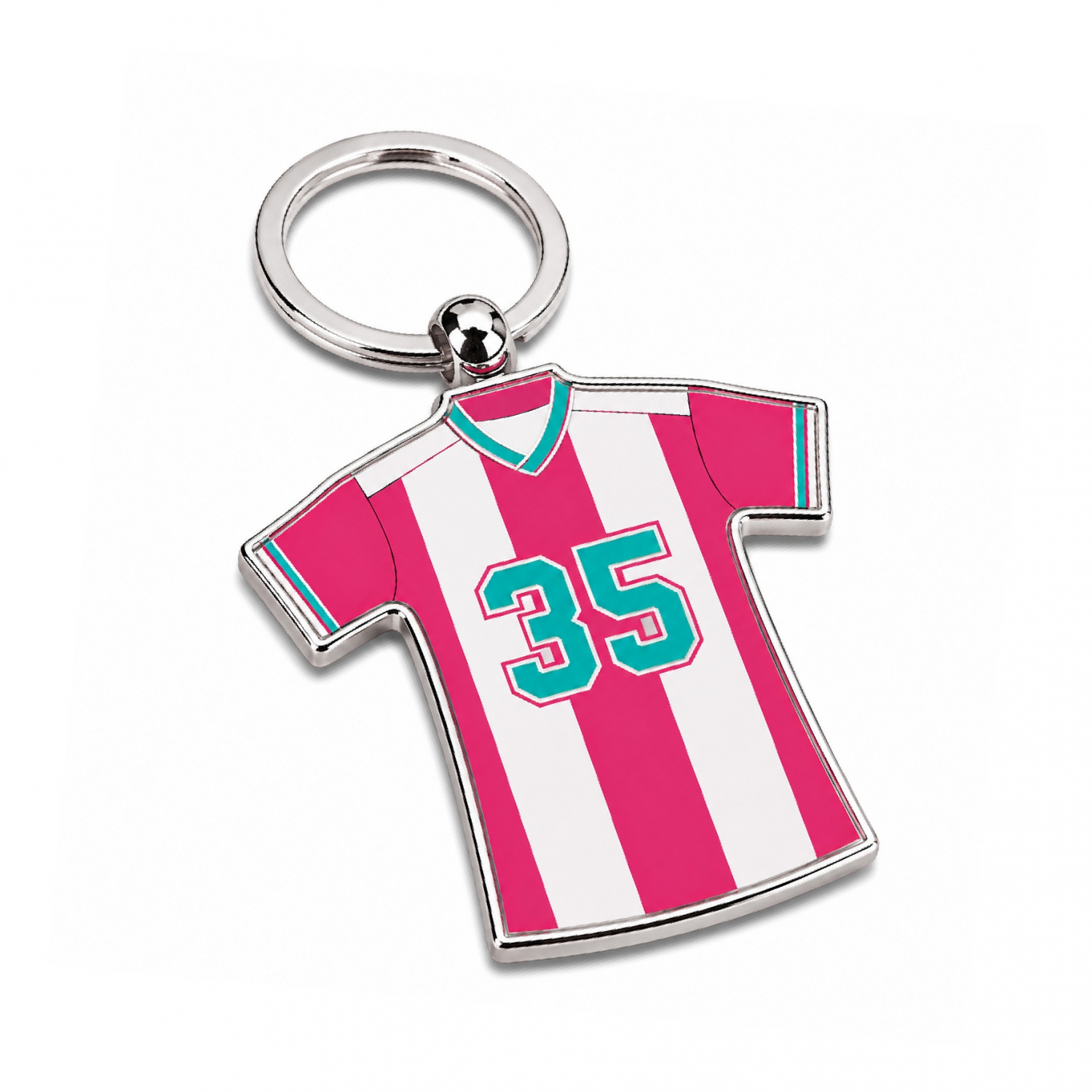 pink-striped-soccer-jersey-keychain Pink striped soccer jersey keychain with full-color printing and custom team number design