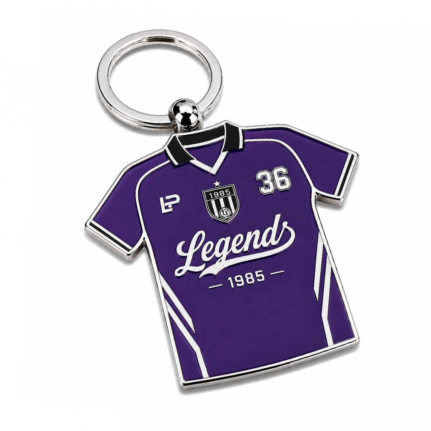purple-football-uniform-keychain Purple and white printing keychain with custom player jersey artwork for elite sports merchandise