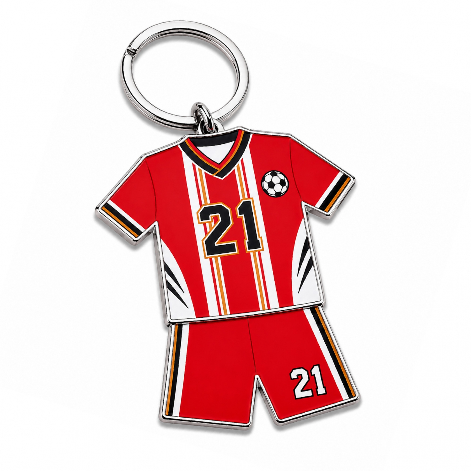 red-soccer-jersey-keychain Red soccer jersey keychain with player number, custom printing, and metal keyring