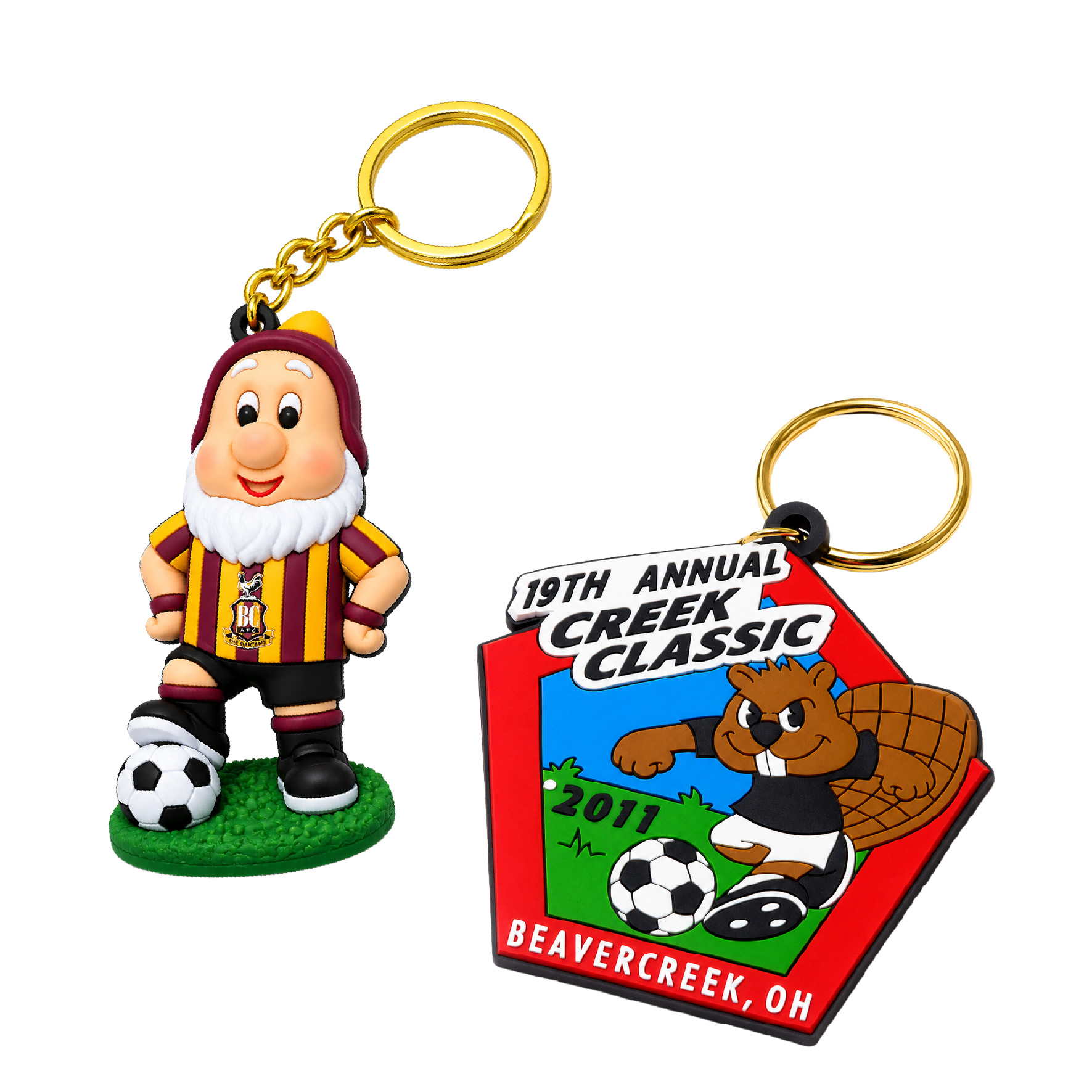 rubber-soccer-keychains-3d-mascot Rubber soccer keychains with 3D mascot, football artwork, and colorful design for fan gifts and sports events