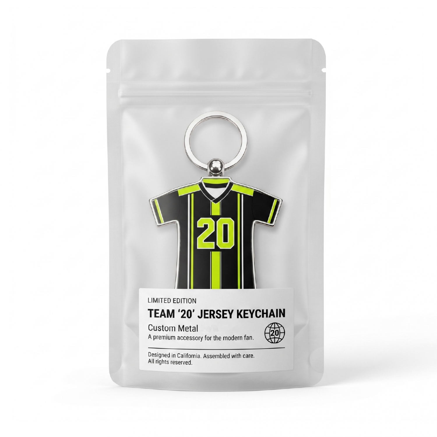 soccer-keychain-pouch-packaging Soccer keychain in clear pouch packaging with custom jersey design and printed card