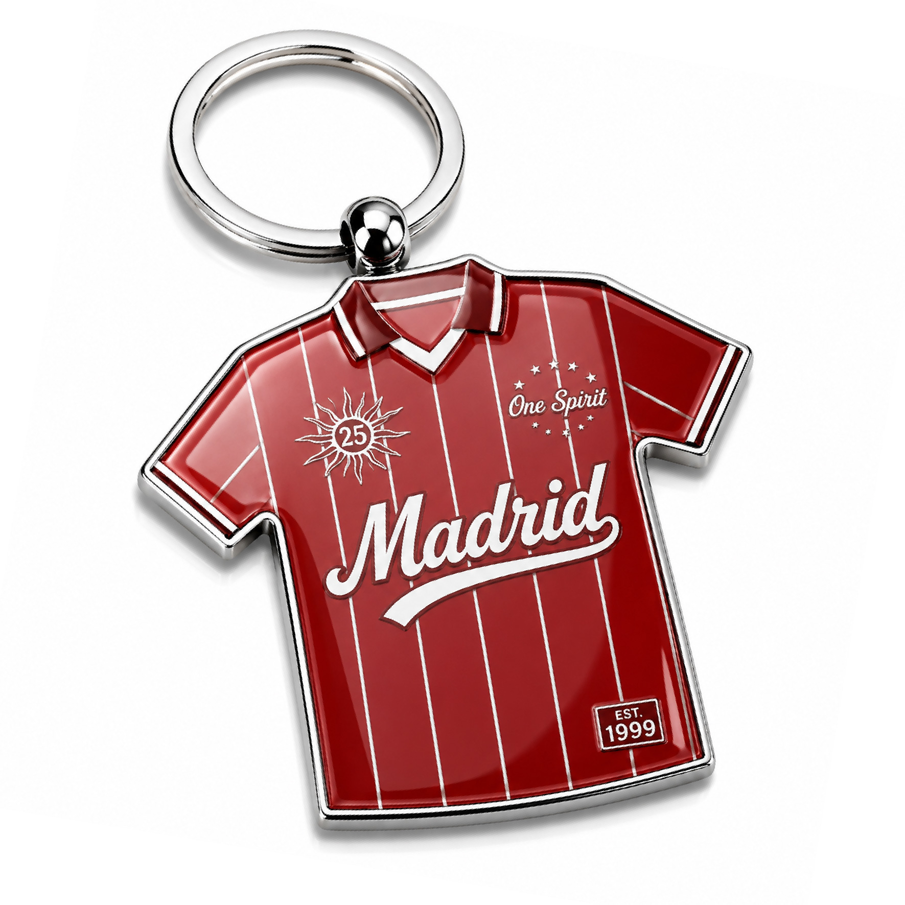 soft-enamel-epoxy-soccer-jersey-keychain Red soccer jersey keychain with soft enamel color fill, UV printed artwork, and glossy epoxy coating