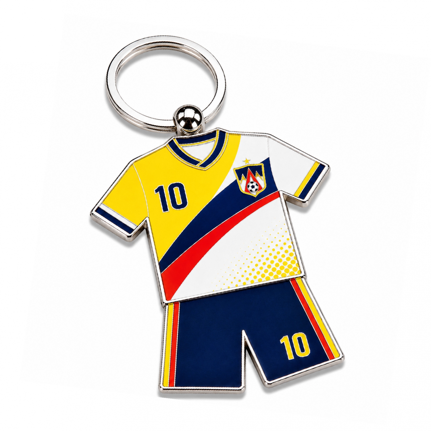 yellow-white-blue-jersey-keychain Colorful football keychain with jersey design, metal keyring, and full-color UV printing