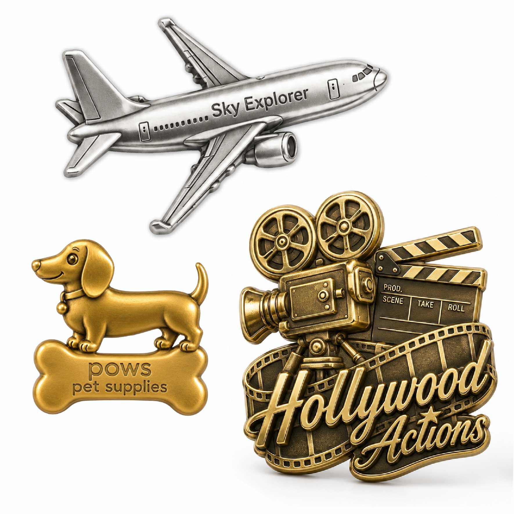 custom-3d-zinc-alloy-refrigerator-magnets Custom 3D zinc alloy refrigerator magnets in airplane, pet supplies icon, and movie clapperboard mascot shapes
