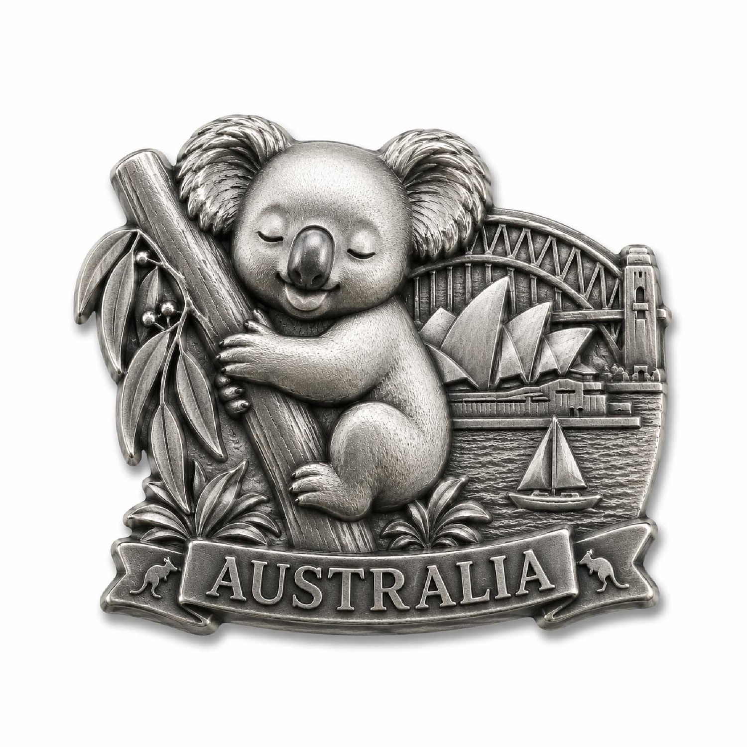 custom-australia-koala-metal-fridge-magnet Antique silver 3D metal fridge magnet featuring an Australia koala and Sydney Opera House