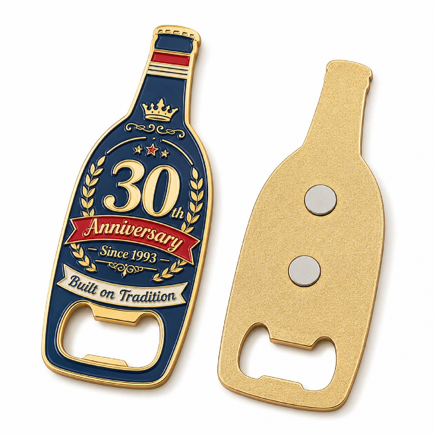 custom-bottle-opener-fridge-magnet-front-back Custom metal bottle opener magnet in bottle shape showing secure dual backing magnets