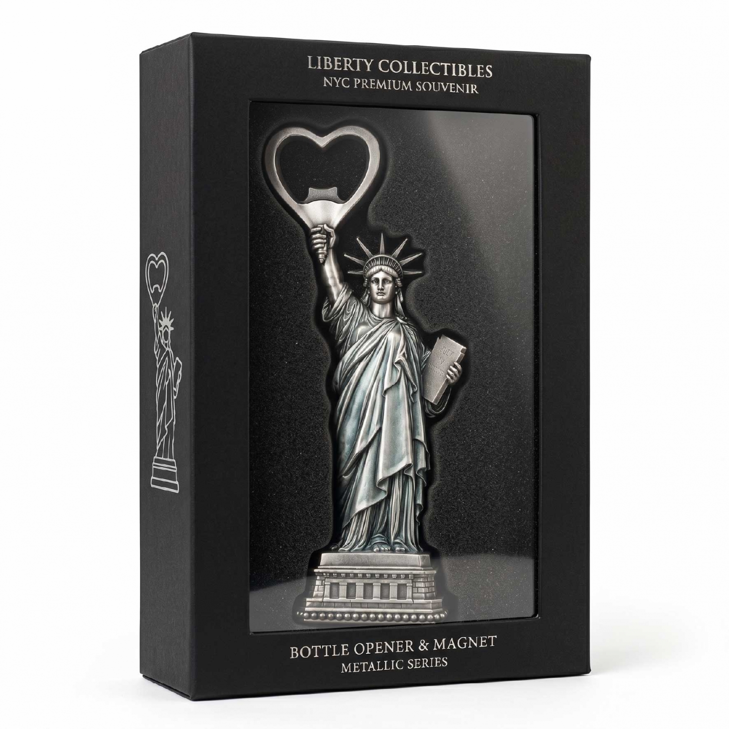 custom-bottle-opener-fridge-magnet-gift-box Silver Statue of Liberty bottle opener magnet presented in a luxury black gift box
