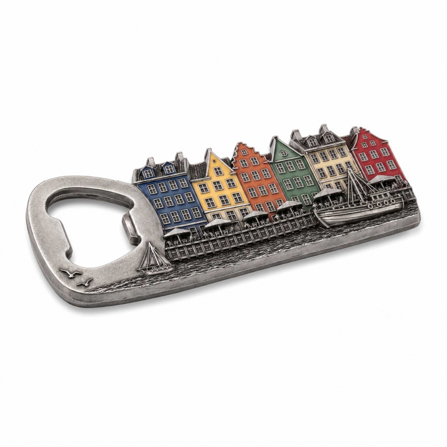 custom-metal-bottle-opener-magnet Metal bottle opener fridge magnet featuring colorful European town houses
