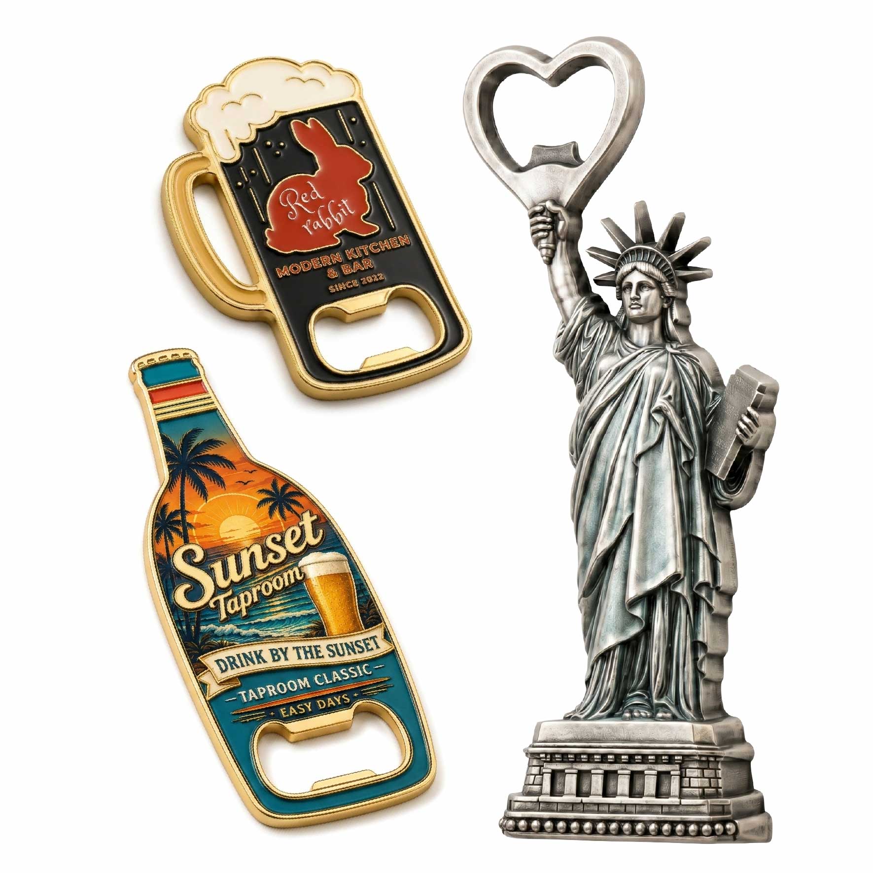custom-metal-bottle-opener-magnets Custom metal bottle opener magnets showcasing soft enamel, UV printed, and detailed 3D relief landmark designs