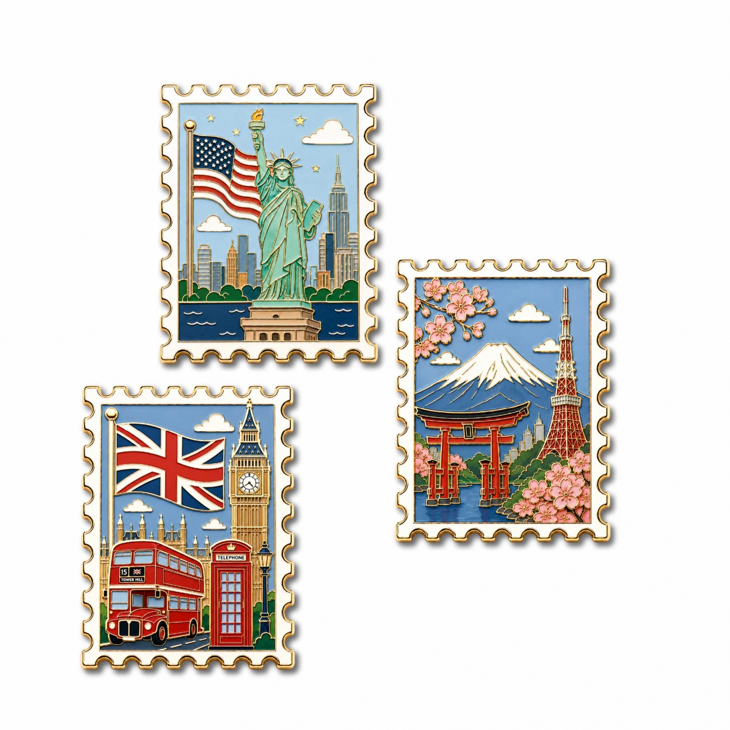 custom-stamp-fridge-magnet-set Wholesale printed fridge magnets set with global travel landmarks stamp graphics