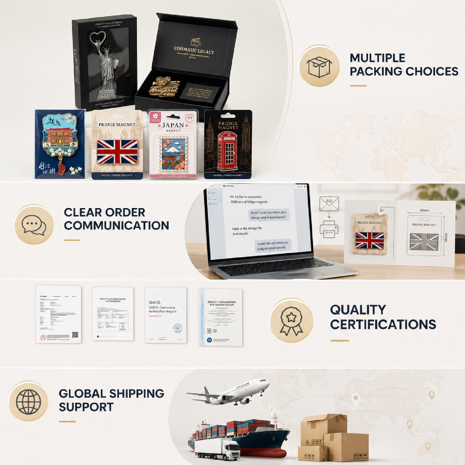 fridge-magnet-supplier-service-infographic Infographic of fridge magnet supplier services including custom packaging, certifications, and global shipping