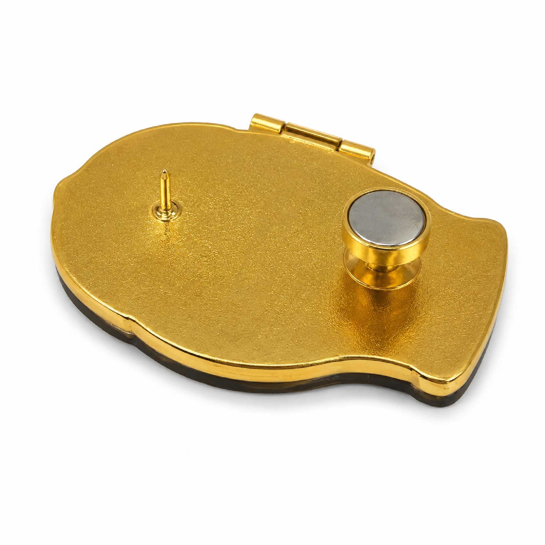 pin-strong-magnetic-clasp-backing Custom magnets backing option featuring a combination of a spur pin and strong magnetic clasp
