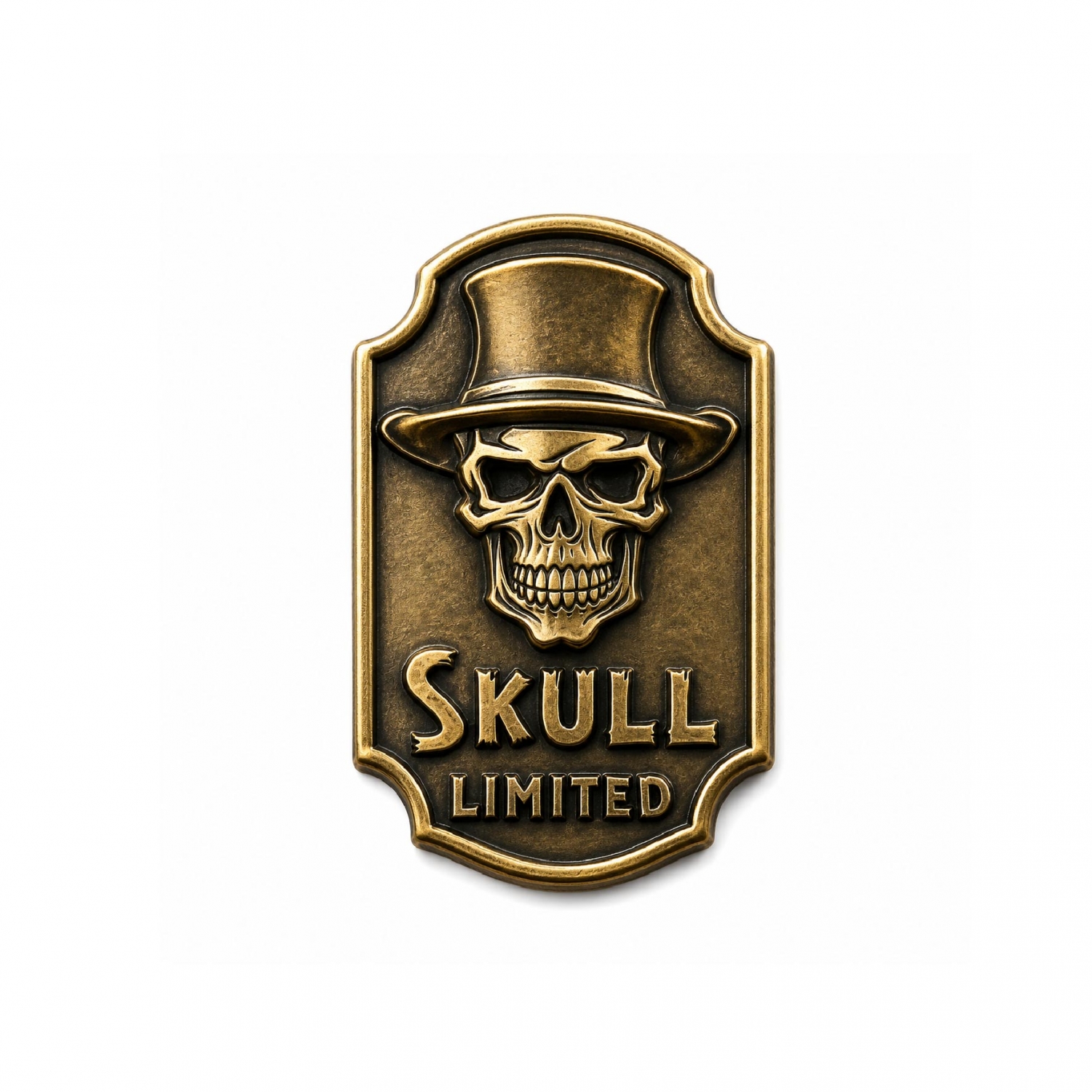 Detailed 3D relief custom metal label featuring an antique bronze finish and a striking sculptured design