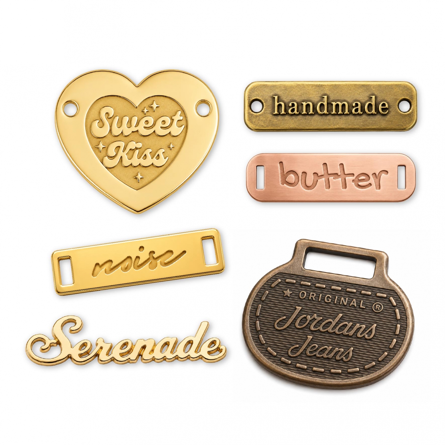 Round custom metal tags featuring a striking contrast of black enamel background and raised 3D gold logo details