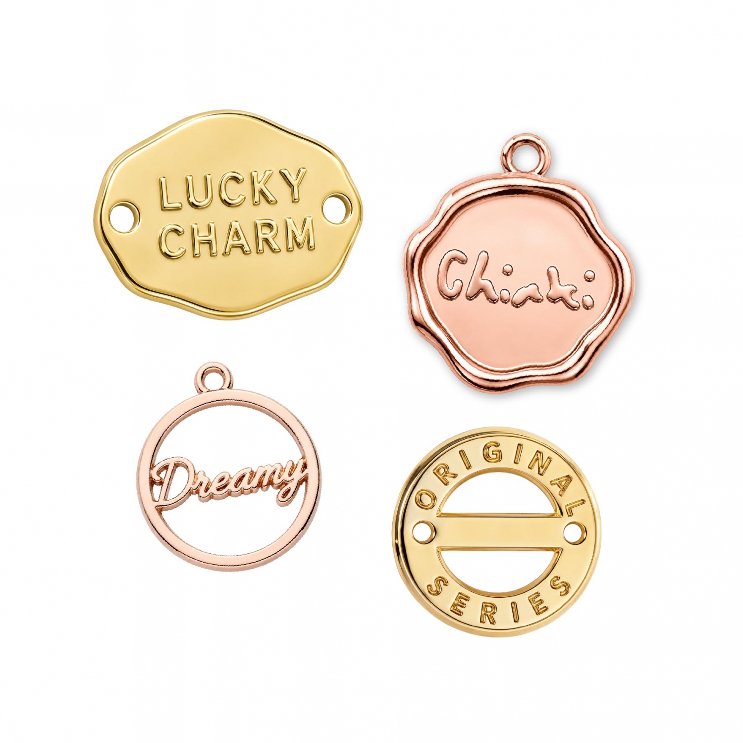 Four personalized metal tags in shiny gold and rose gold finishes, featuring custom cutout and embossed logo designs
